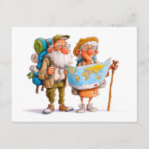 Postal Festiva Pareja anciana caminando con mochilas y bastones