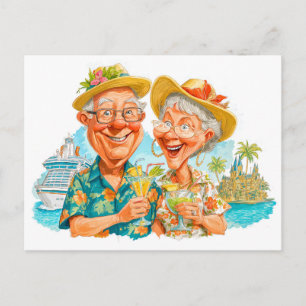 Postal Festiva Pareja anciana disfrutando cócteles playa tropical
