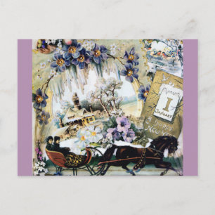 Postal Festiva Pareja de Año Nuevo Caballo Casa Flores Arte Victo