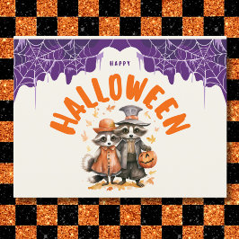 Postal Festiva Pareja de mapaches caprichosos felices de Hallowee