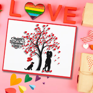 Postal Festiva Pareja de mujeres de árbol del corazón romántico