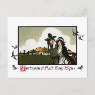 Postal Festiva Pareja de peregrinos vintage Día de Año Nuevo