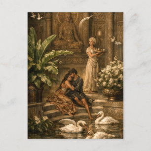 Postal Festiva Pareja en el jardín de cisnes retro orientalismo