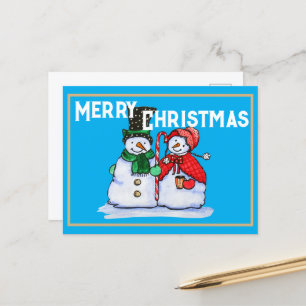 Postal Festiva Pareja festiva de snowman con caña de caramelo