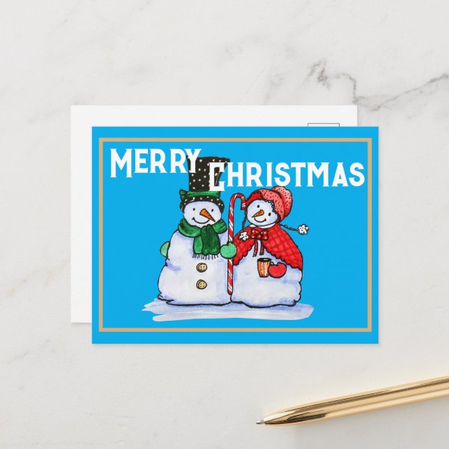 Postal Festiva Pareja festiva de snowman con caña de caramelo (Anverso/Reverso In Situ)