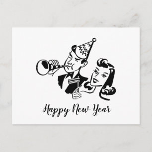 Postal Festiva Pareja Retro Feliz Año Nuevo