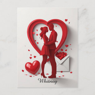 Postal Festiva Pareja Romántica de Rojo Abrazándose Dentro de un