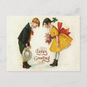 Postal Festiva Pareja Vintage Retro Flores de Saludo San Valentín