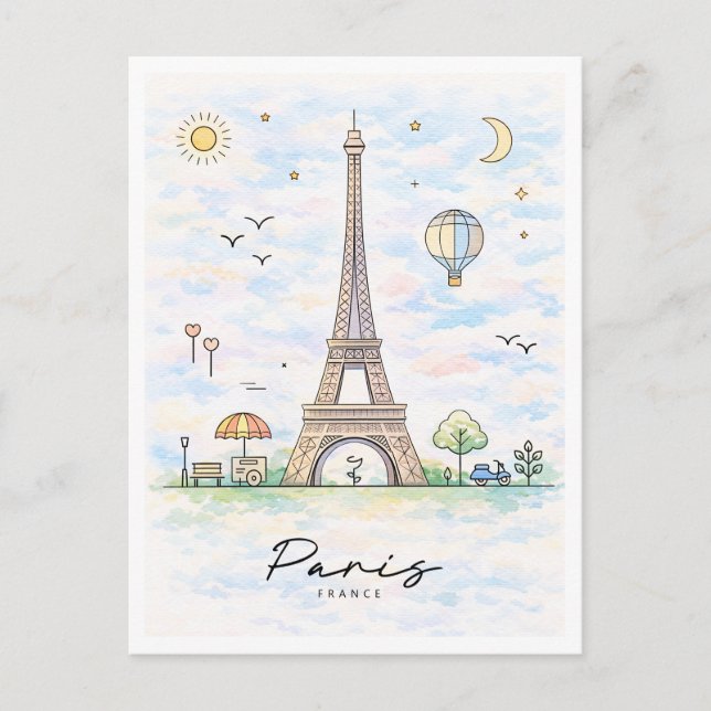 Postal Festiva Paris Eiffel Tower Watercolor | France (Anverso)
