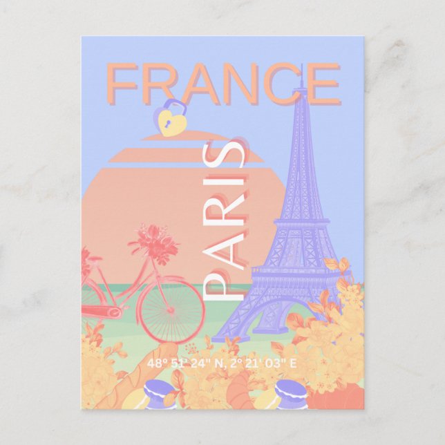 Postal Festiva París, Francia, arte de viajes, Preppy, Pastel, Az (Anverso)