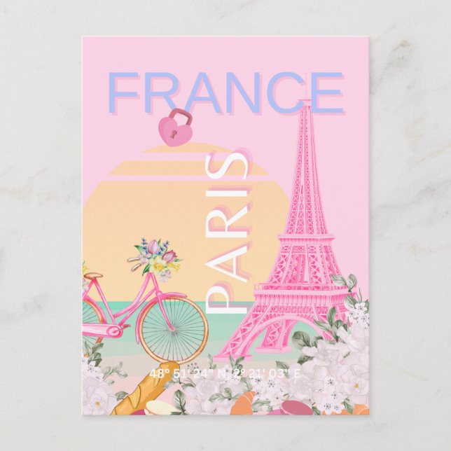 Postal Festiva París, Francia, Viajes, Preppy, Pastel, Rosa (Anverso)