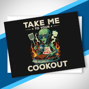 Postal Festiva Parrillada divertida de alienígenas a la barbacoa