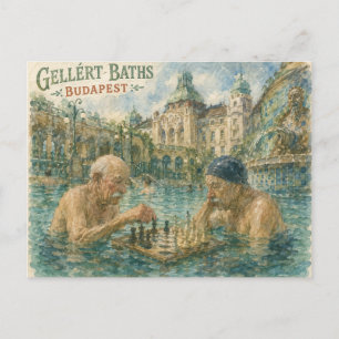 Postal Festiva Partida de ajedrez Baños Gellert Budapest Hungría