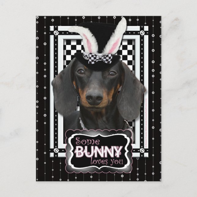 Postal Festiva Pascua - Algunos conejitos te aman - Dachshund (Anverso)