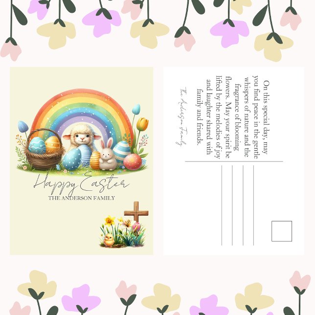 Postal Festiva Pascua Animales Arcoiris Bunny Familia Cordero (Subido por el creador)