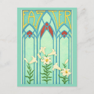 Postal Festiva Pascua Art Nouveau con Lirios Blancos