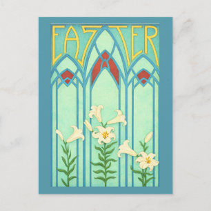 Postal Festiva Pascua Art Nouveau con Lirios Blancos