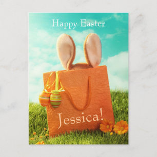 Postal Festiva Pascua con conejo y huevos de Pascua