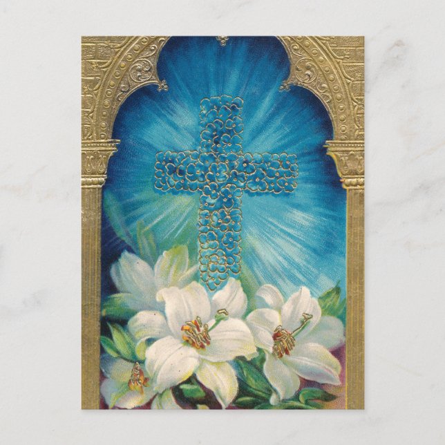 Postal Festiva Pascua con cruz y lirios (Anverso)