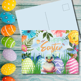 Postal Festiva Pascua de Duckling Quacktastic con flores