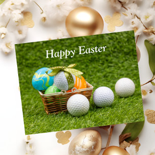 Postal Festiva Pascua de golf con bola y coloridos huevos de Pasc