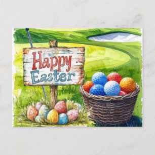 Postal Festiva Pascua de golf con pelota de golf en hierba verde