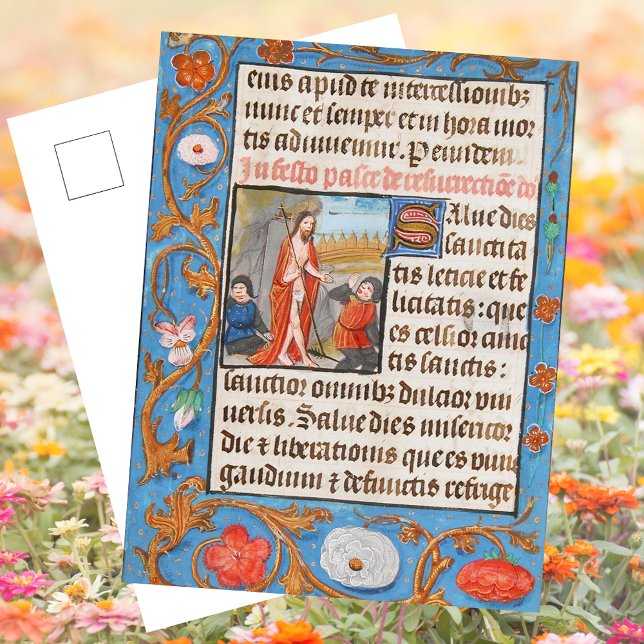 Postal Festiva Pascua de la Resurrección Cristiana Medieval Flora (Easter Floral Leaf Medieval Illuminated Manuscript Christian Catholic Jesus Resurrection Postcard)