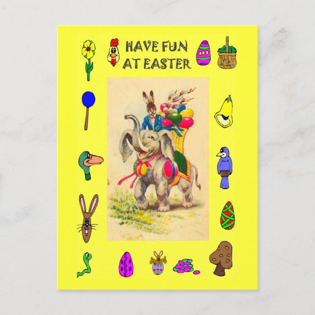 Postal Festiva Pascua - Elefante entregando huevos (Anverso)