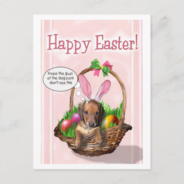 Postal Festiva Pascua feliz de un perrito de Doxie (Anverso)