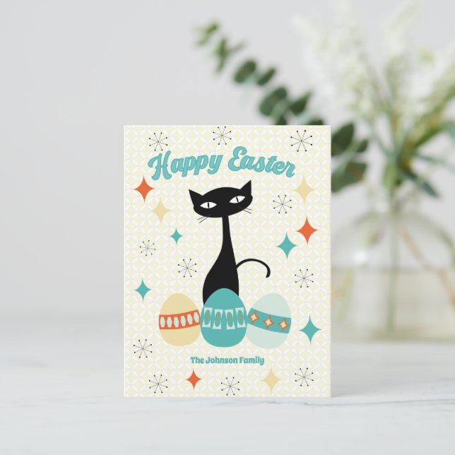 Postal Festiva Pascua feliz, era atómica, gato moderno de mediado (Anverso de pie)