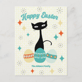 Postal Festiva Pascua feliz, era atómica, gato moderno de mediado