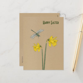 Postal Festiva Pascua feliz, narciso, daffodil y libélula