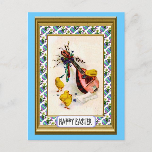 Postal Festiva Pascua - Mandolin y pollitos de éster (Anverso)