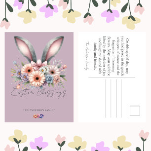 Postal Festiva Pascua Morado Floral Conejo Conejo Orejas Nombre F