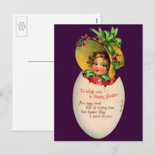 Postal Festiva Pascua victoriana, chica vintage con sombrero en h