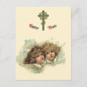 Postal Festiva Pascua vintage, nubes de ángeles angélicos en el c