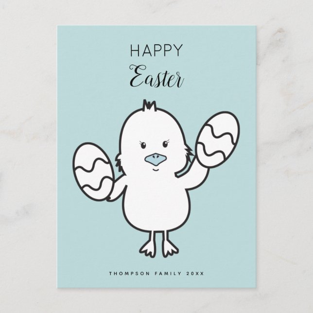 Postal Festiva Pastel Azul Cute Pascua Chick & Eggs Ilustracion (Anverso)