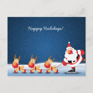 Postal Festiva Patinaje de hielo de Papá Noel con sus renos
