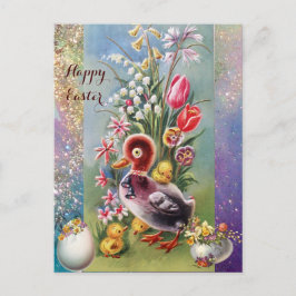 POSTAL FESTIVA PATO PEQUEÑO, POLLOS, HUEVOS ORIENTALES CON FLORES