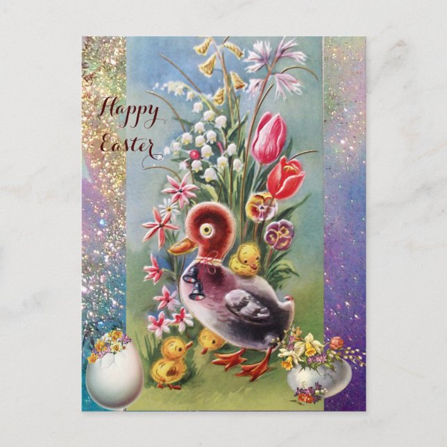 POSTAL FESTIVA PATO PEQUEÑO, POLLOS, HUEVOS ORIENTALES CON FLORES (Anverso)