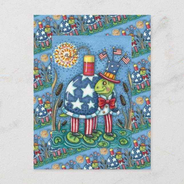 Postal Festiva PATRIOTA TÍO SAM TORTLE, FUNNY FIRECRACKER Cute (Anverso)