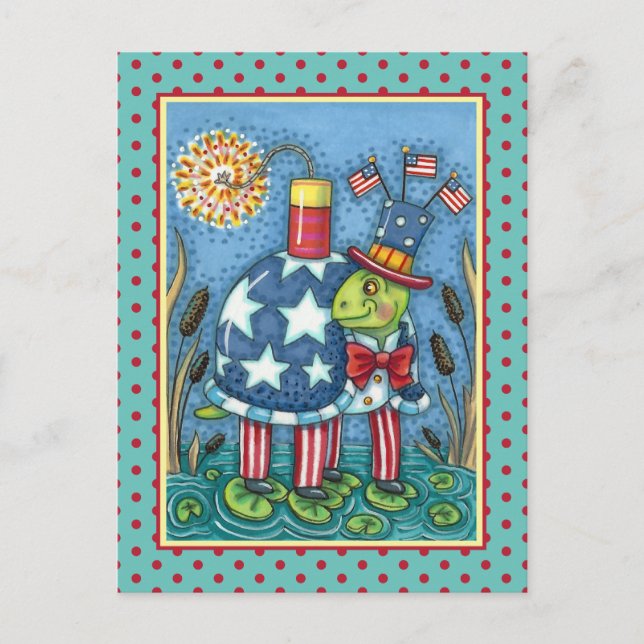 Postal Festiva PATRIOTA TÍO SAM TORTLE, FUNNY FIRECRACKER Cute (Anverso)