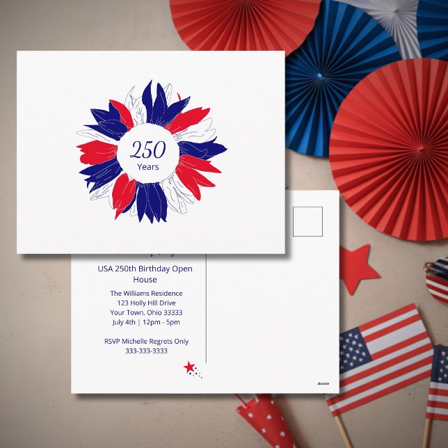 Postal Festiva Patriotic Floral USA 250 Years Fourth of July BBQ (Subido por el creador)