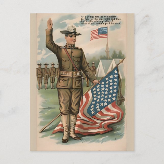 Postal Festiva Patriotic Soldier Holding US Flag Postcard (Anverso)