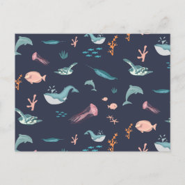 Postal Festiva Patrón azul de los animales acuáticos del océano