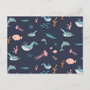 Postal Festiva Patrón azul de los animales acuáticos del océano