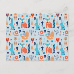 Postal Festiva Patrón de animales de bosque de arte folclórico