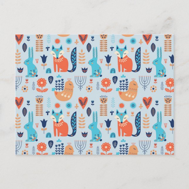Postal Festiva Patrón de animales de bosque de arte folclórico (Anverso)