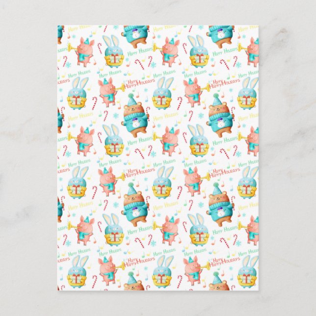 Postal Festiva Patrón de animales de Navidades de vacaciones feli (Anverso)