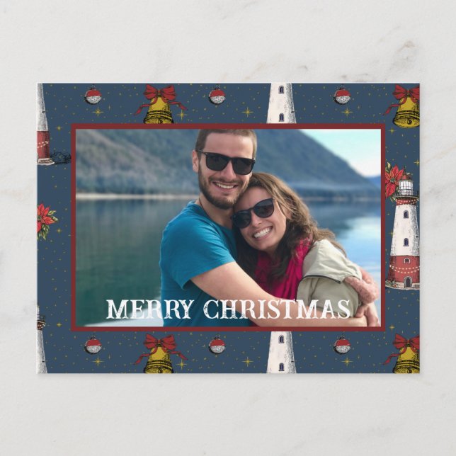 Postal Festiva Patrón de faro costero de Navidades náuticos (Anverso)